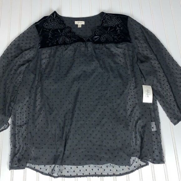 Style & Co Plus Size Swiss-Dot Velvet-Yoke Top Eyelet Black 3X NWT - Picture 5 of 10